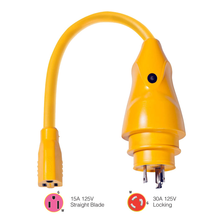 Marinco P30-15 EEL 15A-125V Female to 30A-125V Male Pigtail Adapter - Yellow [P30-15]-North Shore Sailing